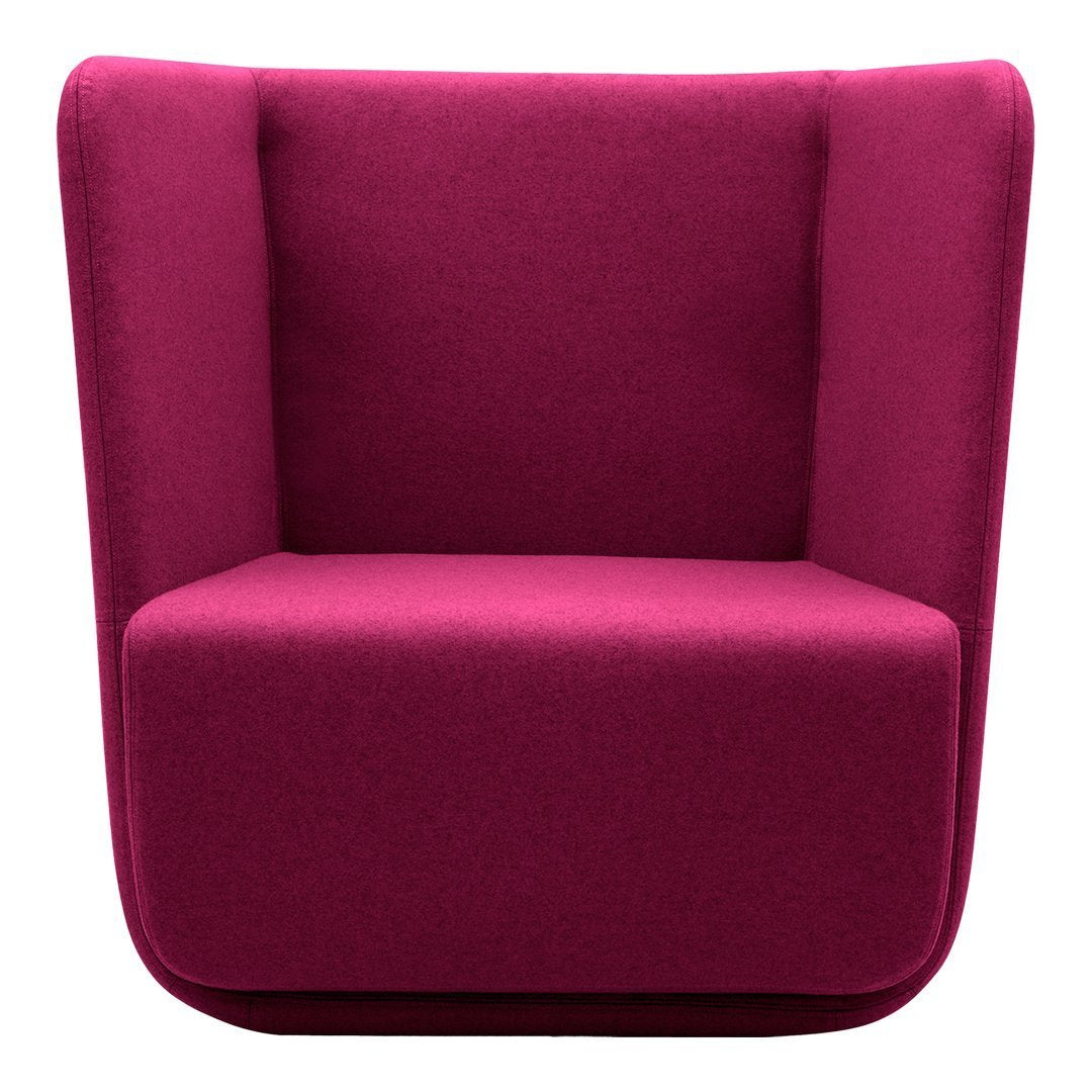 Vibrant magenta armchair with a sleek, minimalist design and smooth, textured upholstery. Perfect for modern decor.