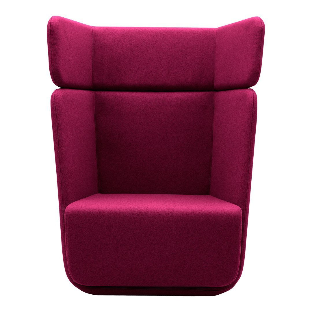Plush magenta accent chair featuring a modern, minimalist design with smooth contours and no visible patterns.