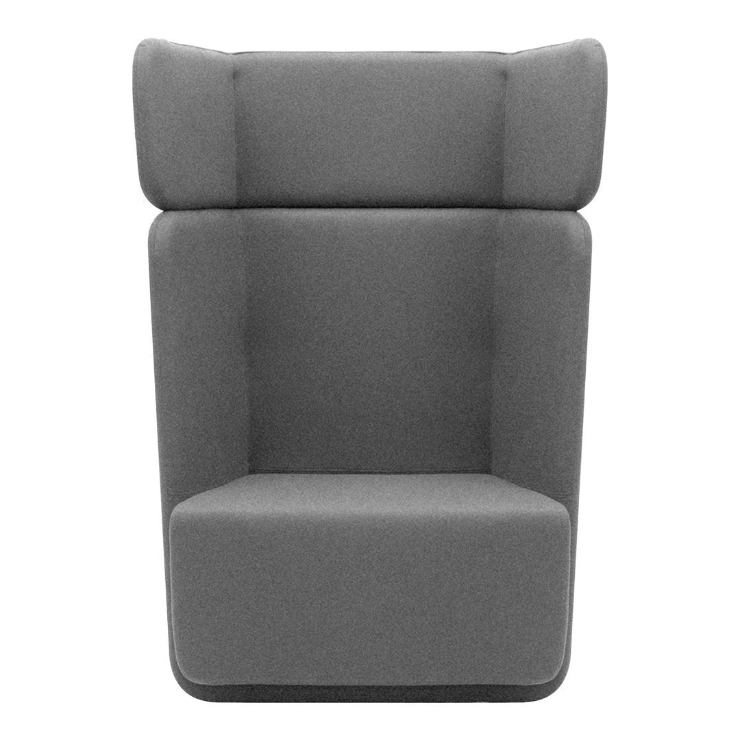 Gray upholstered lounge chair with a minimalist design and smooth, solid pattern. Perfect for modern interiors.