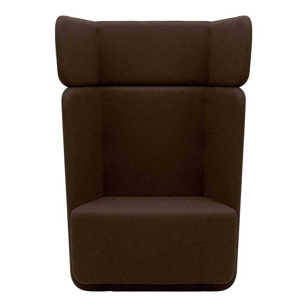 Brown upholstered chair with a clean, minimalist design and padded arms, perfect for modern interiors.