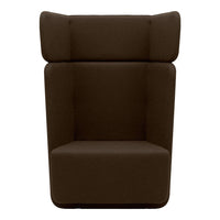 Brown upholstered chair with a clean, minimalist design and padded arms, perfect for modern interiors.