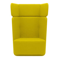 Bright yellow upholstered armchair with a modern, minimalist design and smooth, solid surface. Ideal for contemporary spaces.