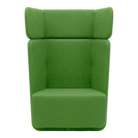 Bright green upholstered chair with a minimalist design and solid color upholstery. Ideal for modern decor.