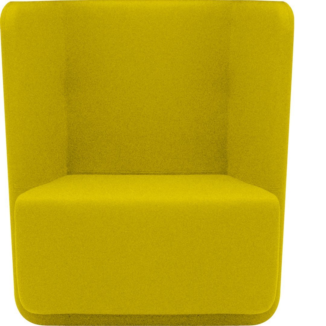 Vibrant yellow upholstered armchair with a modern design and smooth, solid color. Ideal for stylish interiors.