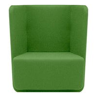 Vibrant green upholstered chair with a modern, minimalist design and smooth, solid color. Perfect for stylish decor.