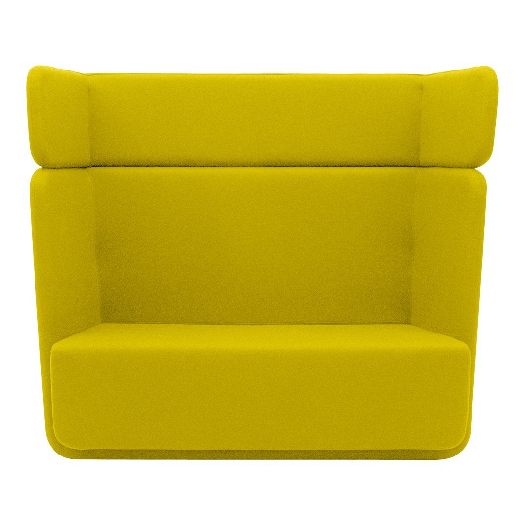 Bright yellow upholstered loveseat with a modern design. Ideal for vibrant decor and contemporary spaces.