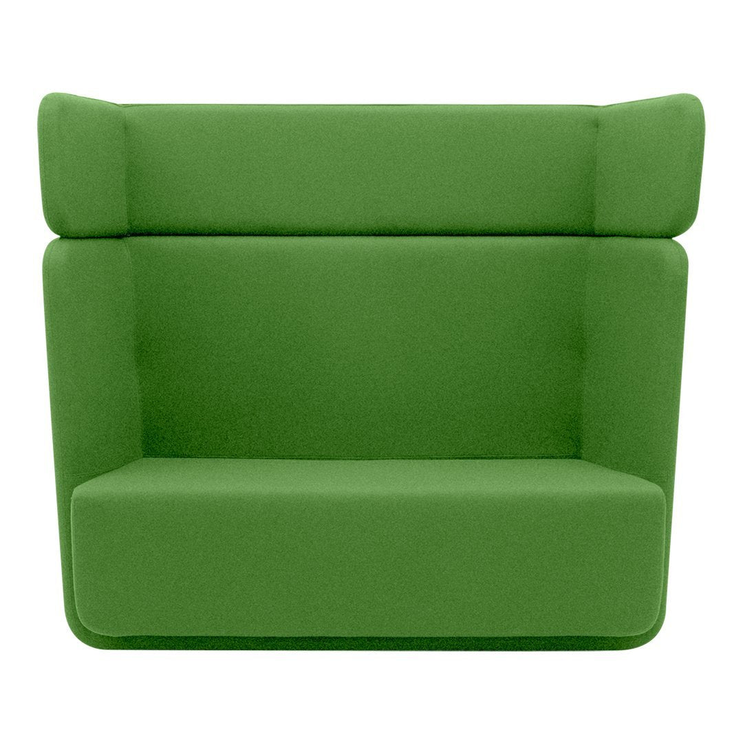 Vibrant green upholstered two-seat sofa with a sleek, modern design and clean lines. Perfect for contemporary decor.