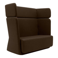 Brown upholstered high-back sofa with a modern, minimalist design and smooth, solid color pattern.