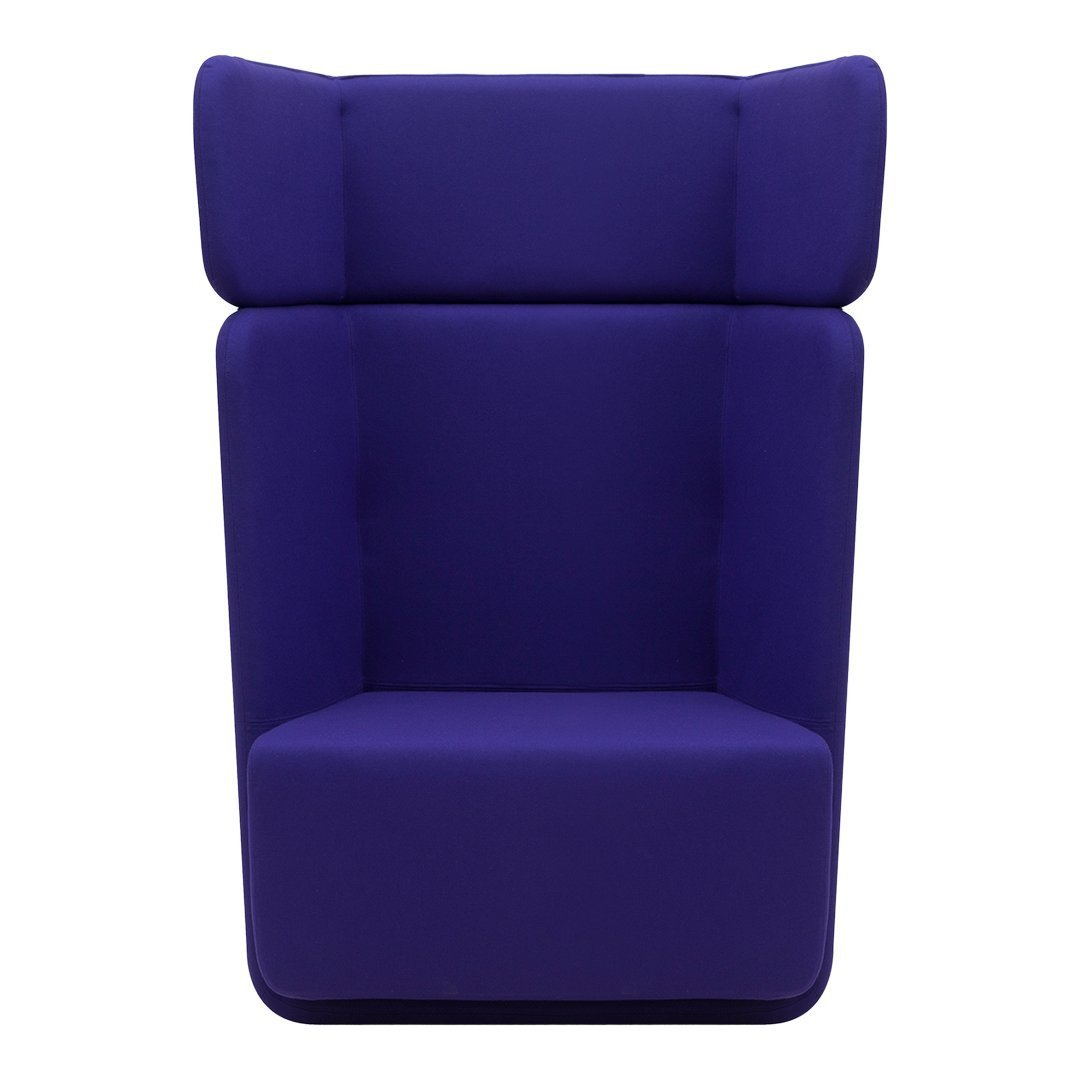 "Vibrant solid purple upholstered chair with a modern, minimalist design and plush cushions."