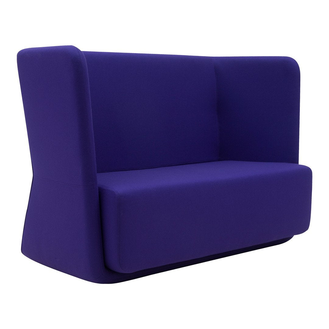 Modern two-seater sofa in rich purple with a smooth, solid fabric finish and contemporary design.