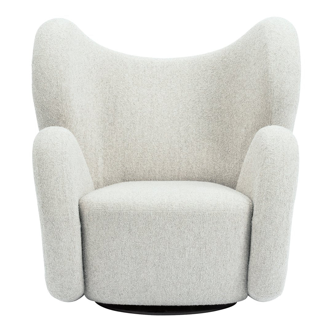 Cozy light gray accent chair with a soft, textured finish and gentle curves, perfect for modern decor.