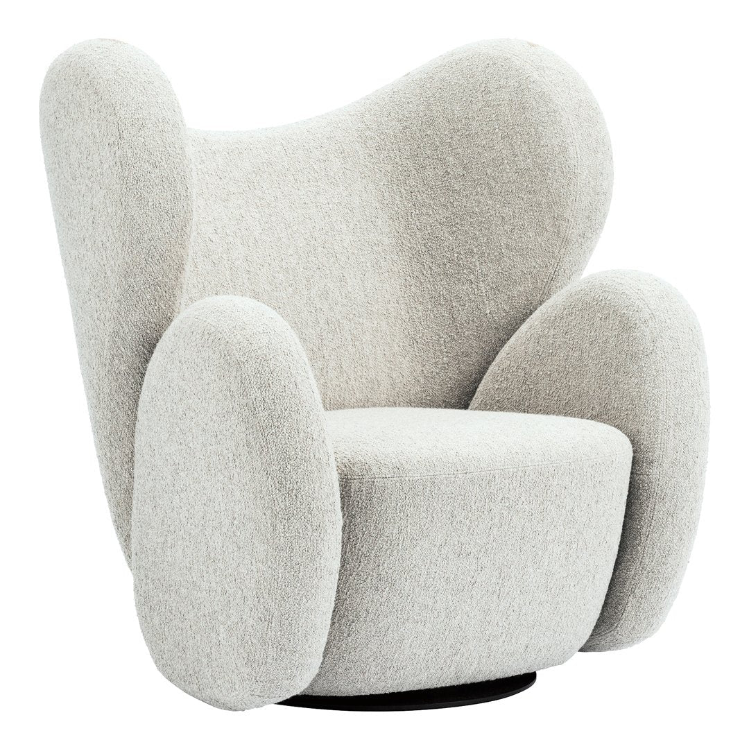 Soft grey upholstered chair with rounded arms and body, featuring a minimalist design and subtle texture.