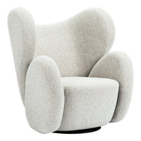 Soft grey upholstered chair with rounded arms and body, featuring a minimalist design and subtle texture.