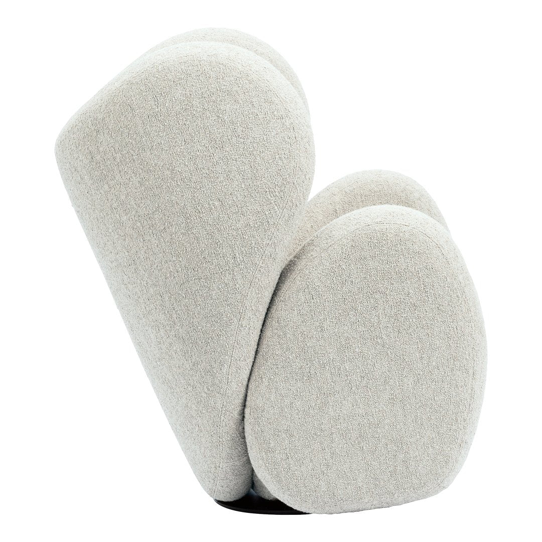 Stylish two-tone gray upholstered chair with a smooth, minimalist pebble shape. Perfect for modern decor.