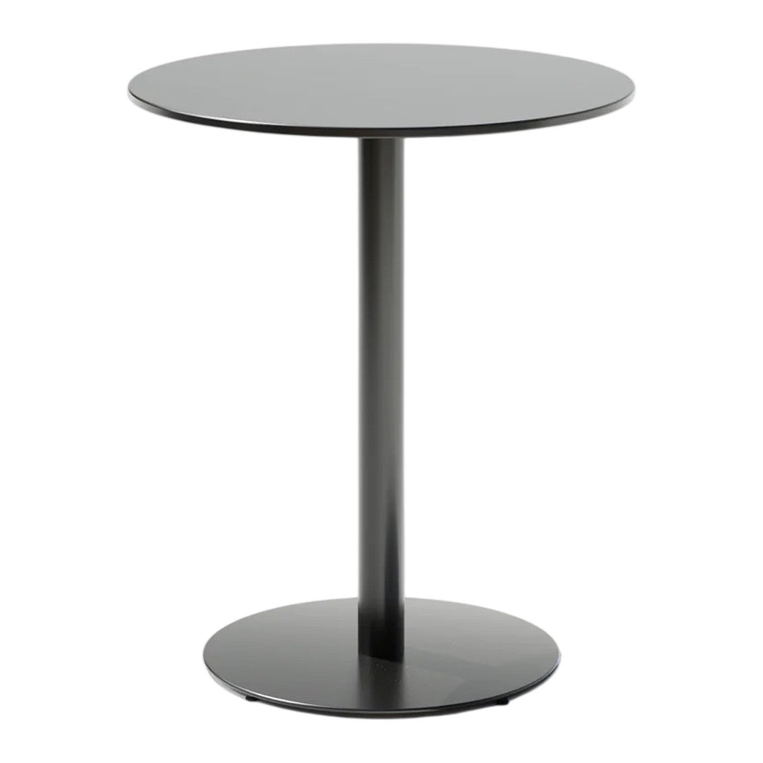 Round black table with a minimalist design, featuring a smooth finish and a sleek base for modern aesthetics.