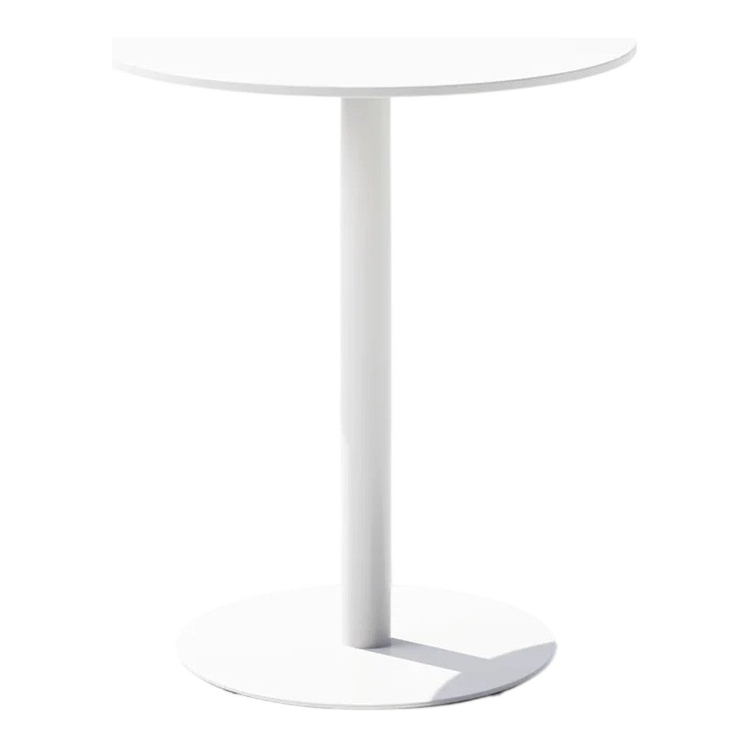 Round white table with a sleek, minimalist design and a solid circular base, perfect for modern decor.