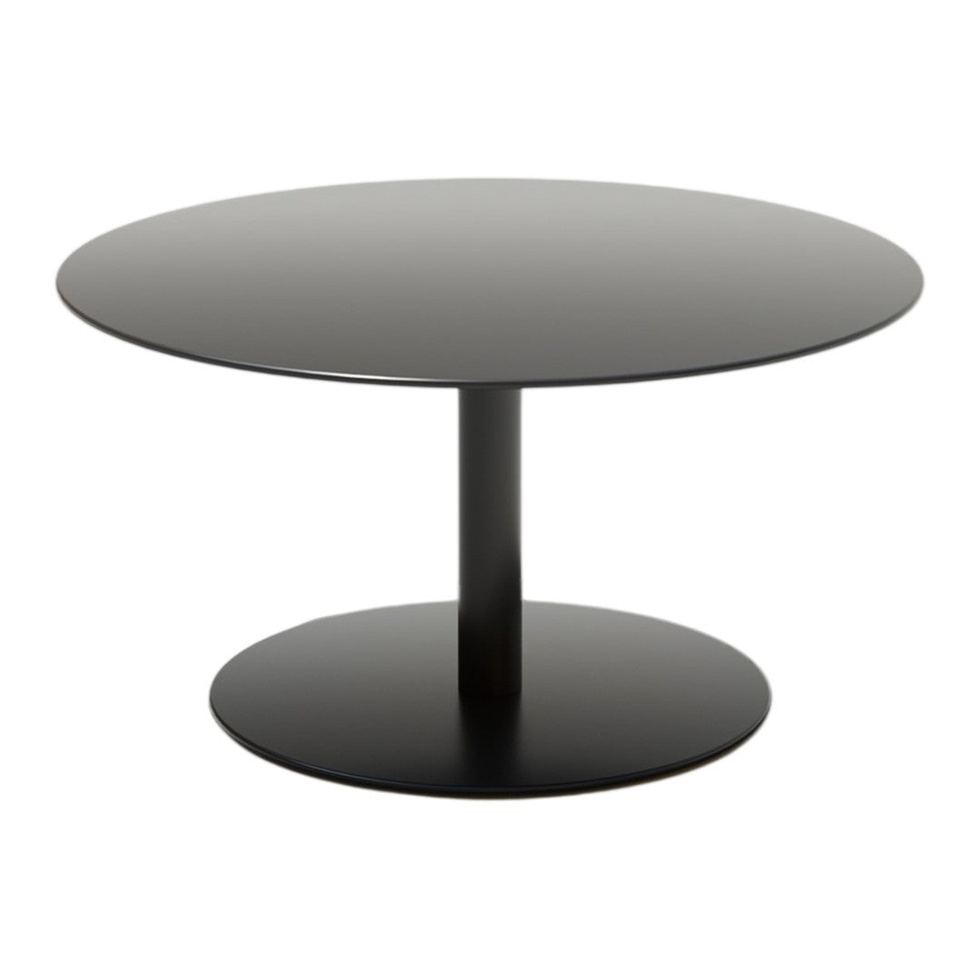 Round black coffee table with a smooth finish and a minimalist design, featuring a sleek pedestal base.