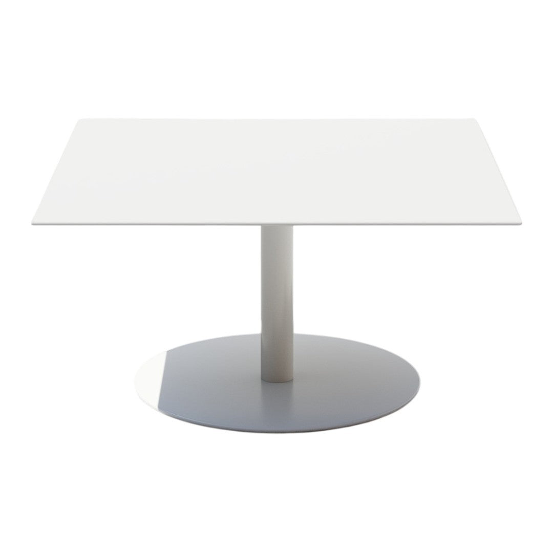 Modern white square table with a sleek silver circular base, perfect for contemporary interiors.