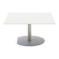 Modern white square table with a sleek silver circular base, perfect for contemporary interiors.