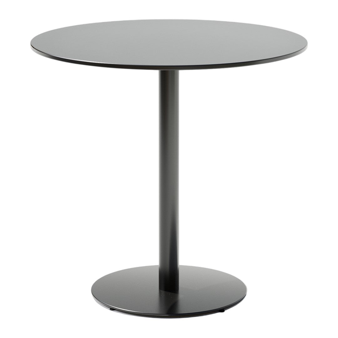 Black round table with a sleek surface and minimalist design, featuring a smooth finish and a circular base.