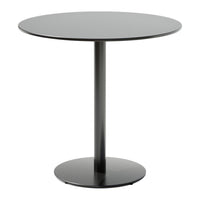Black round table with a sleek surface and minimalist design, featuring a smooth finish and a circular base.