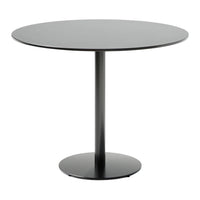 Round black table with a sleek matte finish and minimalist design, perfect for modern decor.