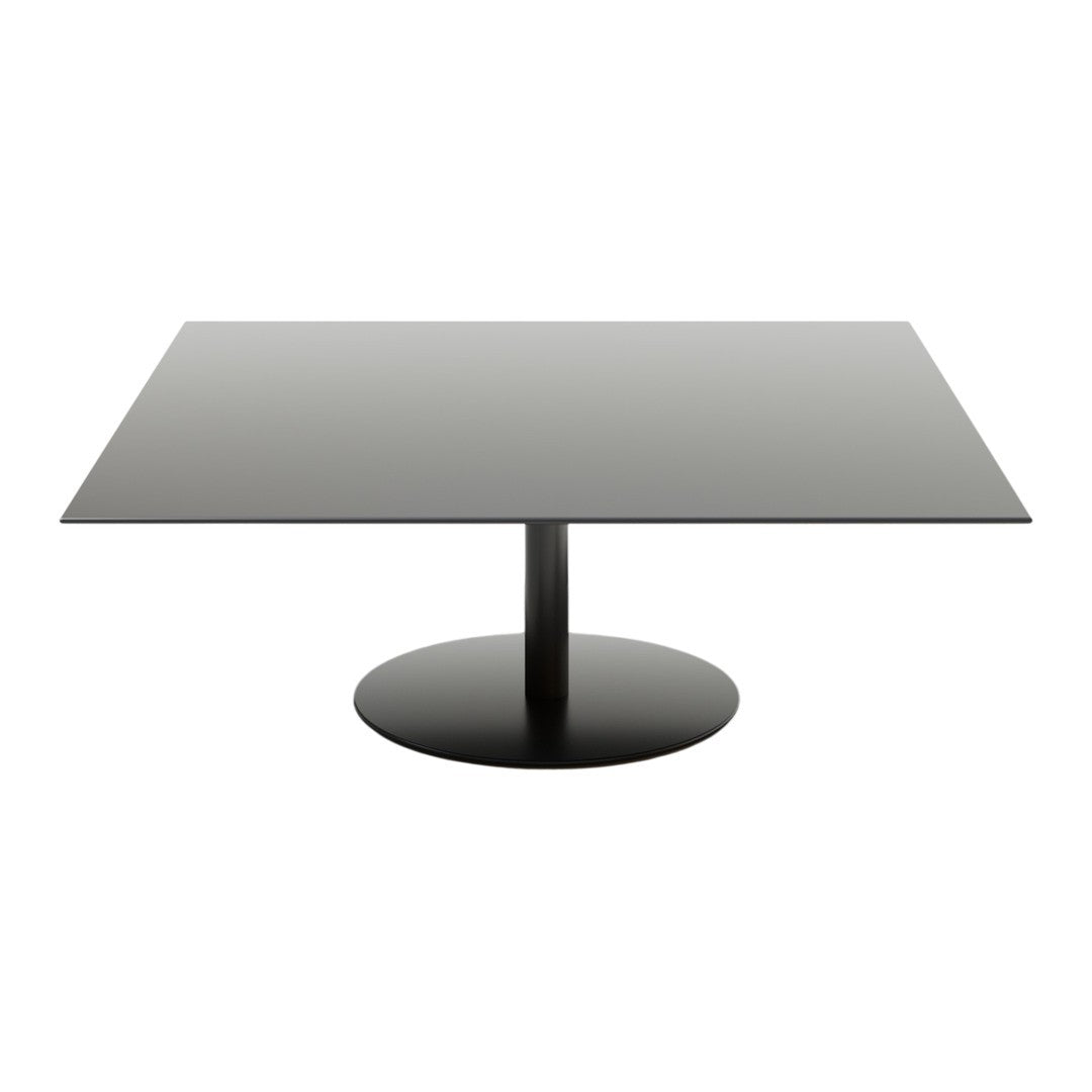 Sleek black coffee table with a smooth, rectangular top and round pedestal base, perfect for modern decor.