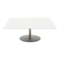 White rectangular tabletop with a sleek gray circular base, offering a modern and minimalist design.