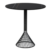 Black round table with subtle gold and white veining, featuring a sleek wireframe base. Perfect for modern decor.