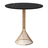 Black round table with white marble-like veining and a gold geometric base. Elegant modern design for any space.