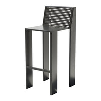 Modern black bar stool with a perforated backrest, showcasing sleek lines and a minimalist design.