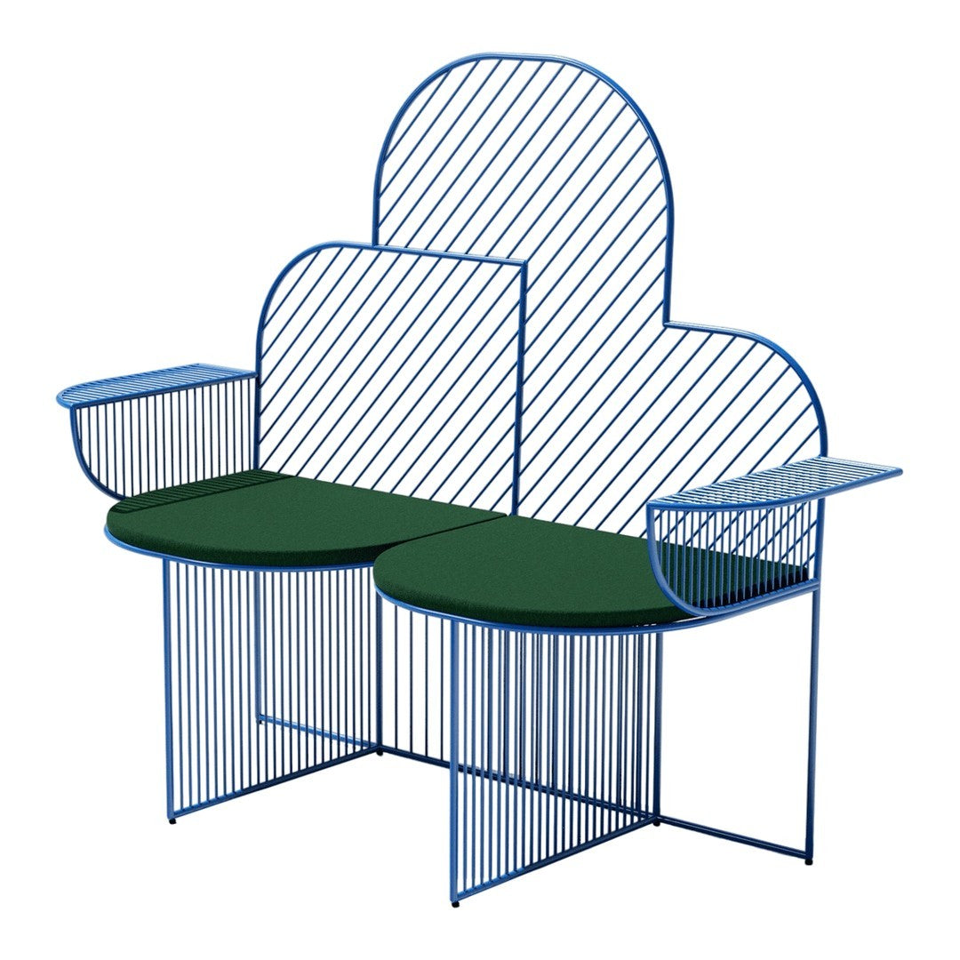 Blue and green striped wire bench with cloud-shaped backrest and round seating areas. Modern and playful design.