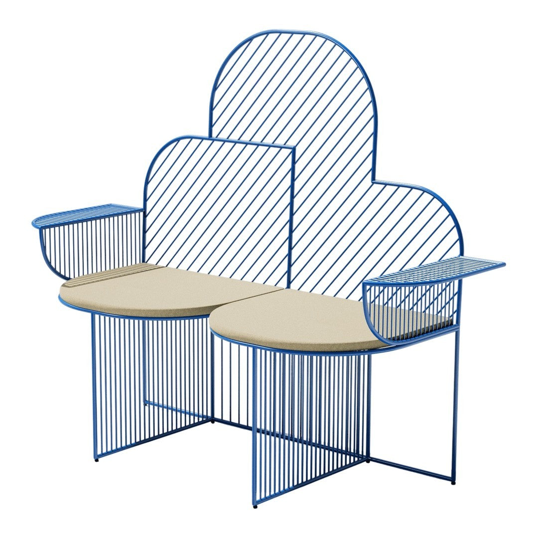 Blue striped metal bench with beige circular seats and cloud-shaped backrest, perfect for modern outdoor spaces.