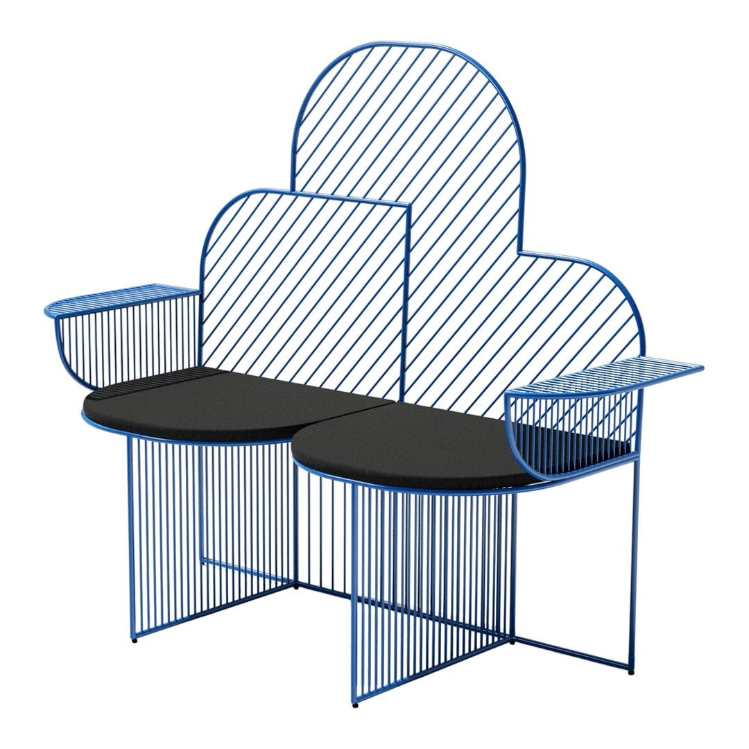 Blue striped metal bench with black circular seats and contemporary geometric design. Perfect for modern outdoor decor.