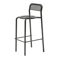 Black metal bar stool featuring a woven pattern and sleek design, ideal for modern interiors.