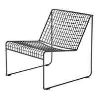 Black wire chair with an open grid pattern, perfect for modern minimalistic decor. Ideal for indoor or outdoor use.