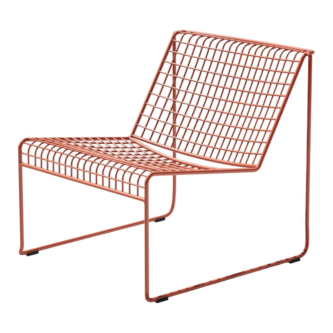 Rust-colored, geometric-patterned wire chair with an open, modern design and sleek lines. Perfect for contemporary spaces.