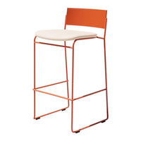 Orange metal bar stool with a cream-colored seat and a sleek, minimalist design. Perfect for modern decor.