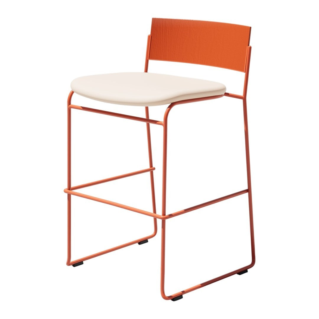 Orange metal barstool with a white cushion seat and a sleek, minimalistic design. Perfect for modern decor.