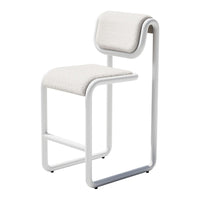 White modern bar stool with a sleek design and soft beige upholstery. Minimalist style perfect for contemporary decor.