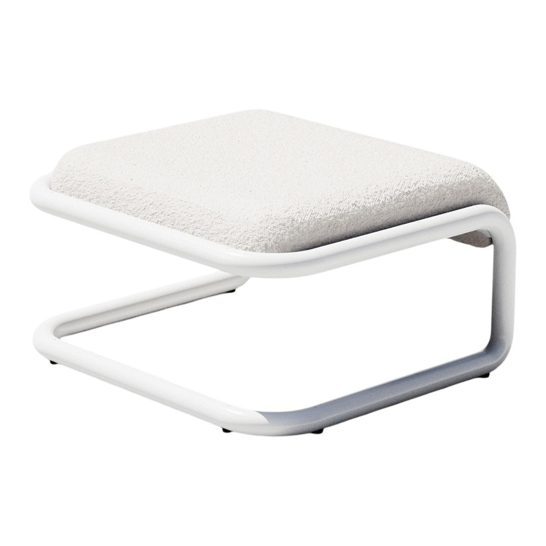 White upholstered ottoman with a textured surface and sleek white metal frame, ideal for modern decor.