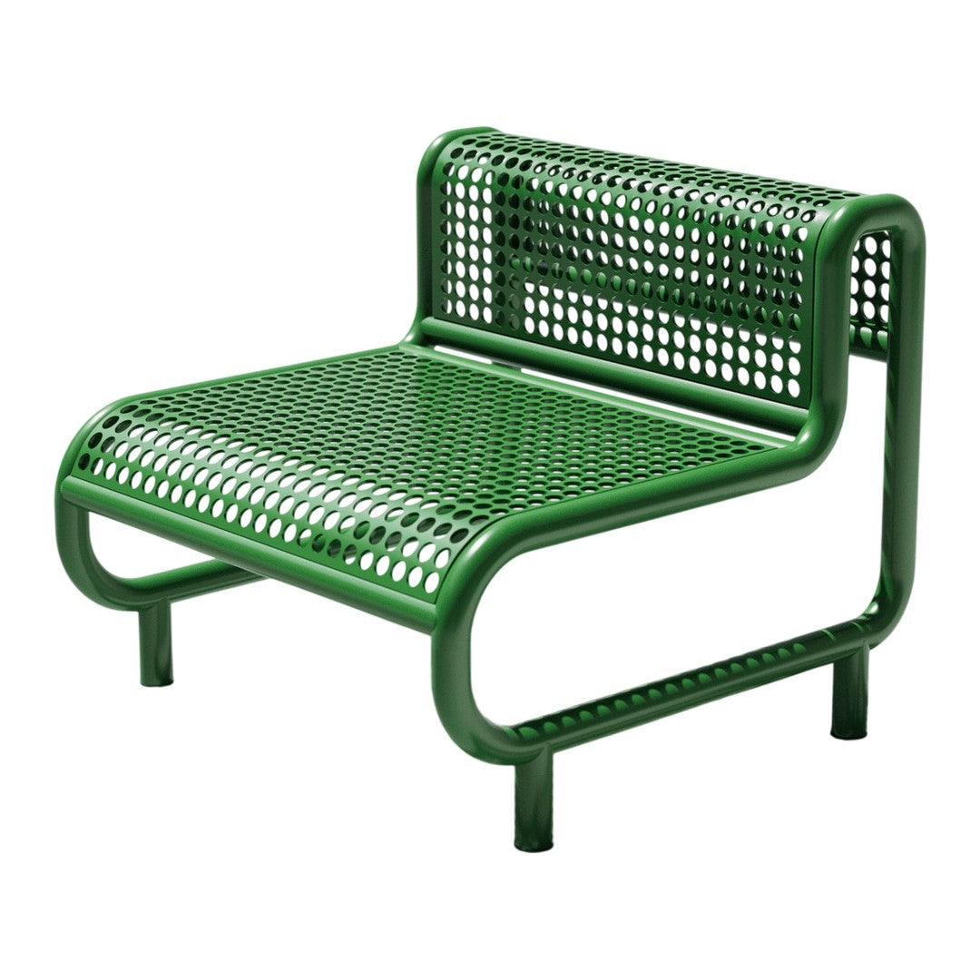 Green perforated metal bench with a modern design and sturdy frame, perfect for outdoor or casual indoor use.