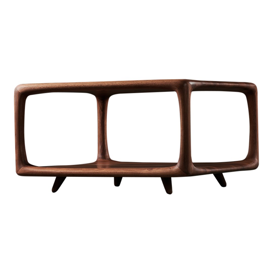 Modern wooden coffee table with rich brown finish and sleek, geometric design. Perfect for stylish interiors.