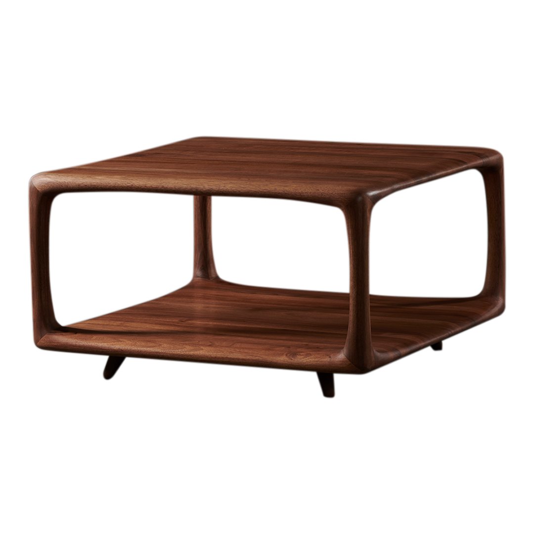 Brown wooden coffee table with smooth, curved edges and a minimalist open design, featuring a rich walnut finish.