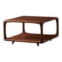 Brown wooden coffee table with smooth, curved edges and a minimalist open design, featuring a rich walnut finish.