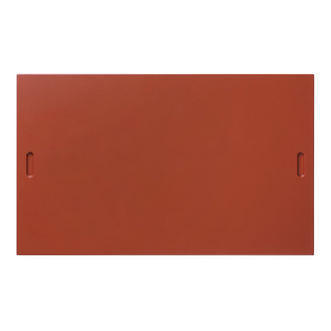 Solid rusty orange panel with sleek, flat surface and two cut-out handles. Ideal for modern decor.