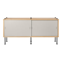 Modern two-tone cabinet in natural wood and soft gray, featuring a sleek, minimalist design with a smooth finish.