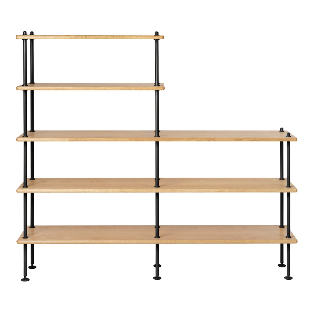 Natural wood and black metal shelving unit with five open shelves featuring a modern, minimalist design.