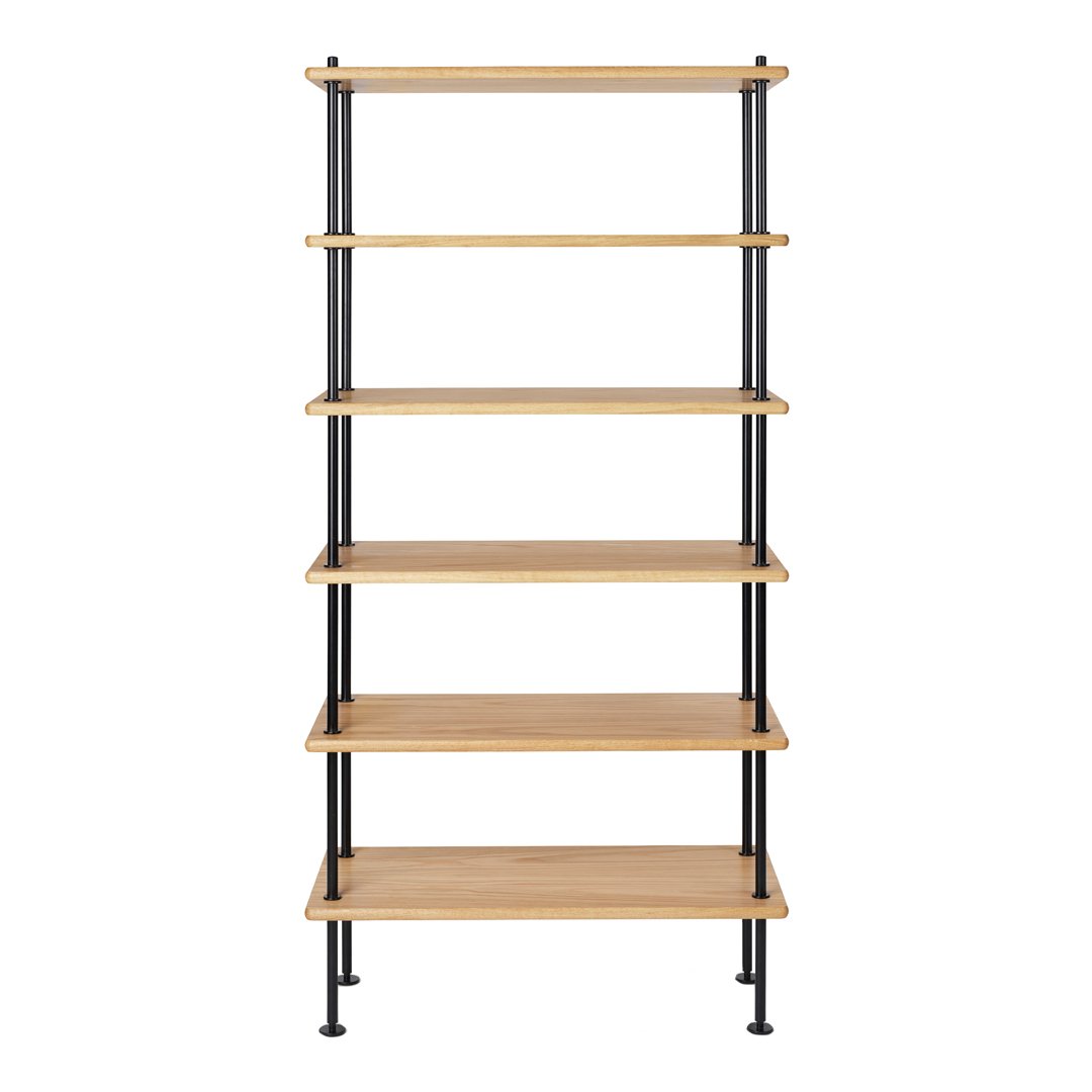 Light oak wood shelves with a natural finish supported by sleek black metal frames, featuring a minimalist design.