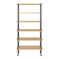 Light oak wood shelves with a natural finish supported by sleek black metal frames, featuring a minimalist design.